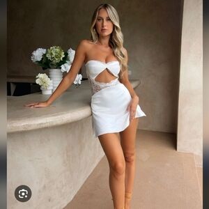 OUTCAST EXCLUSIVES, CELINE SATIN MINI DRESS, WHITE, SIZE M, CUT OUT DRESS